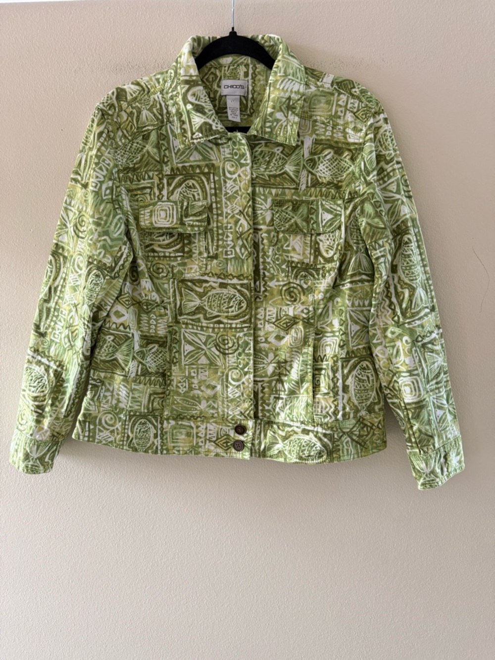 Chico's Light Green Fish Print Cotton Jean Jacket